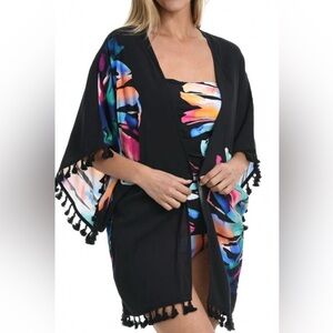 La Blanca Prism Palm Open Front Tassel Trimmed Coverup Kimono Black One Size
